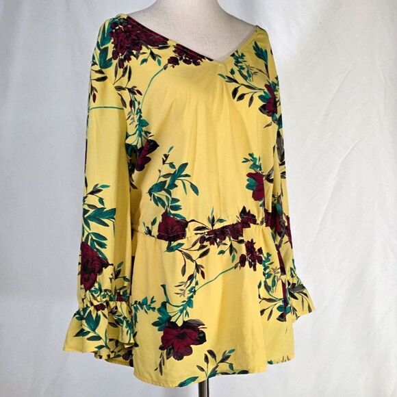 EVRI Tie Waist Bold and Beautiful Yellow Floral Print Blouse Size 1X - Picture 3 of 10